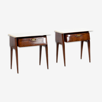 Set of 2 italian midcentury rosewood, carrara marble and brass bedside tables / cabinets. vintage