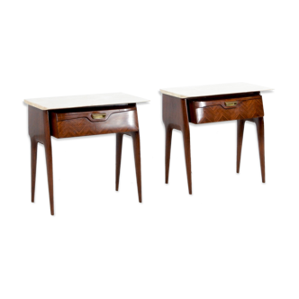 Set of 2 italian midcentury rosewood, carrara marble and brass bedside tables / cabinets. vintage