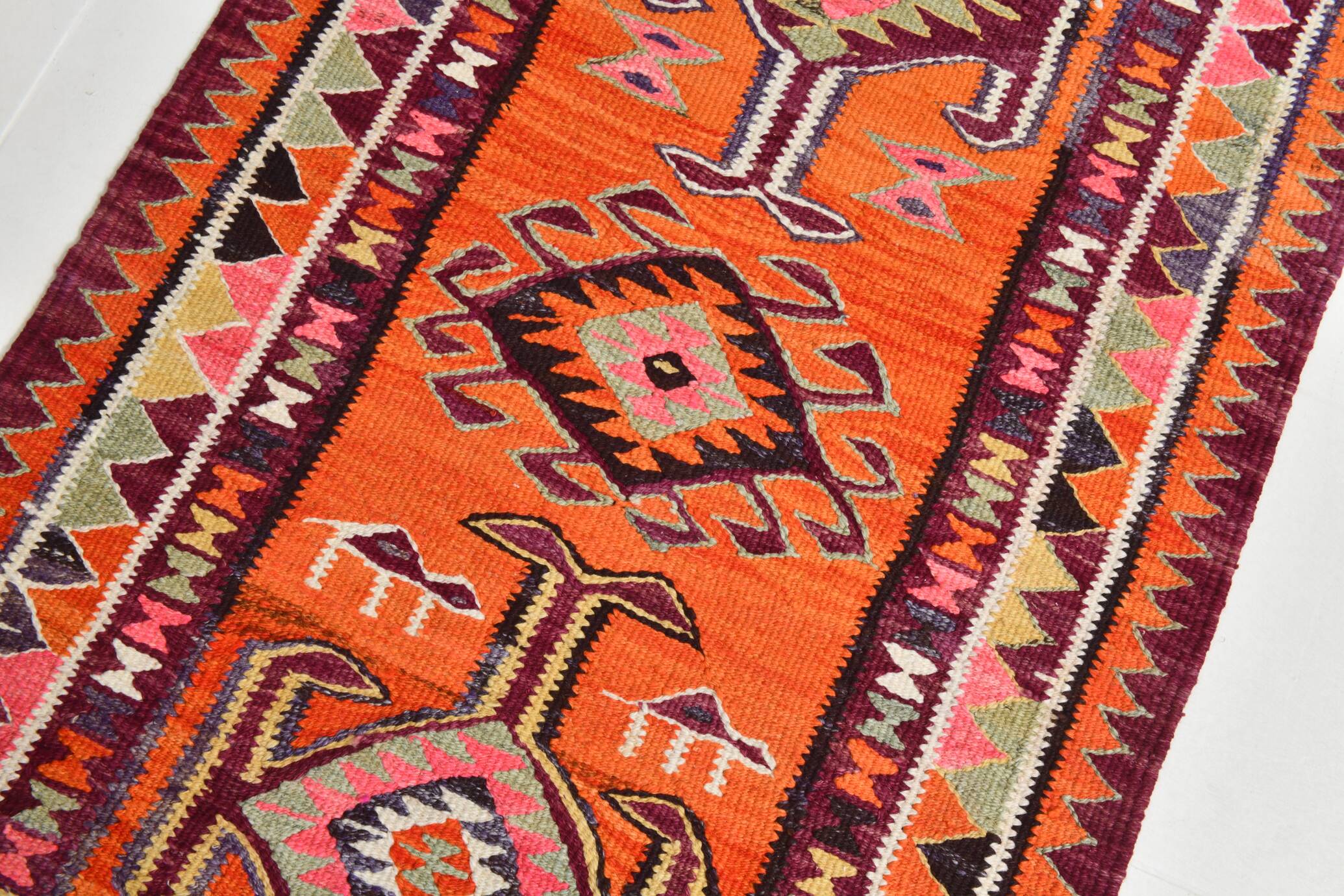 Burgundy & Orange Vintage Kilim Runner Rug, 92x292Cm