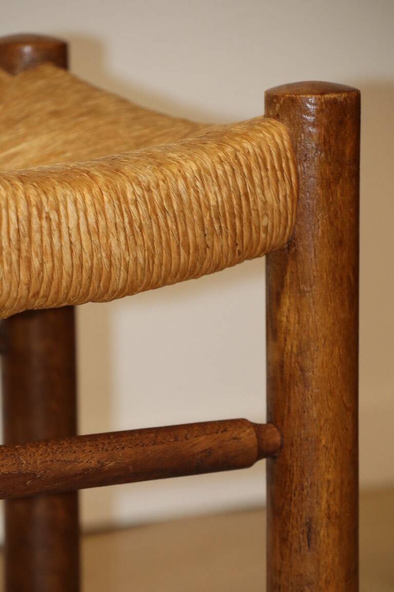 Vintage stool in solid oak and straw, 1960s