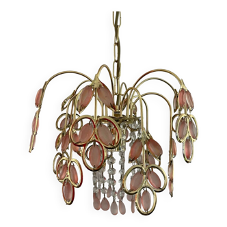 Lustre vintage suspension en métal doré et laiton feuilles en verre rose et pampilles