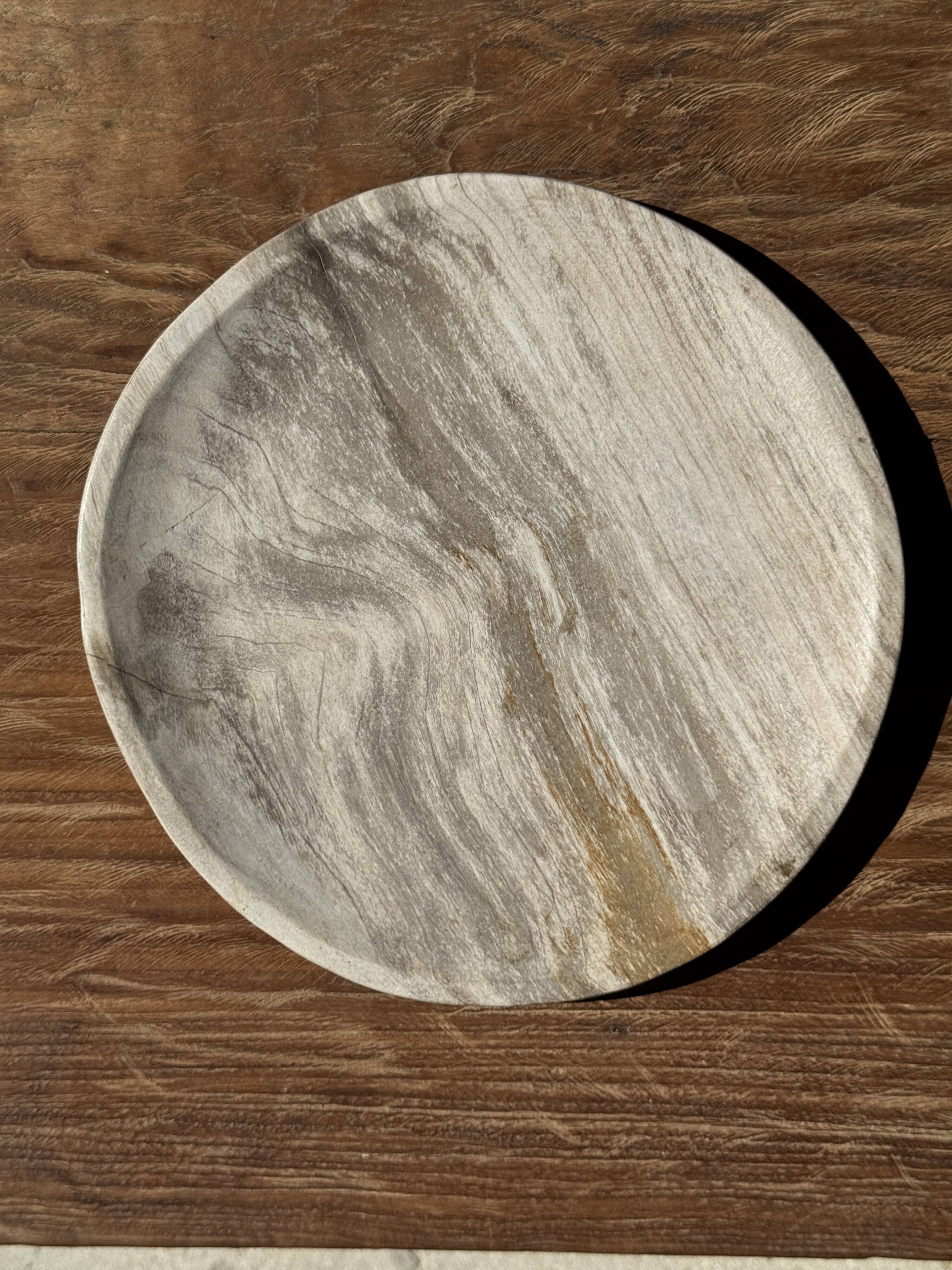 Petrified wood vide poche, circular dish or plate in light beige D25.