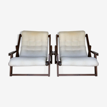 Paire fauteuils scandinave style chilienne 1970 bois tissu coussin