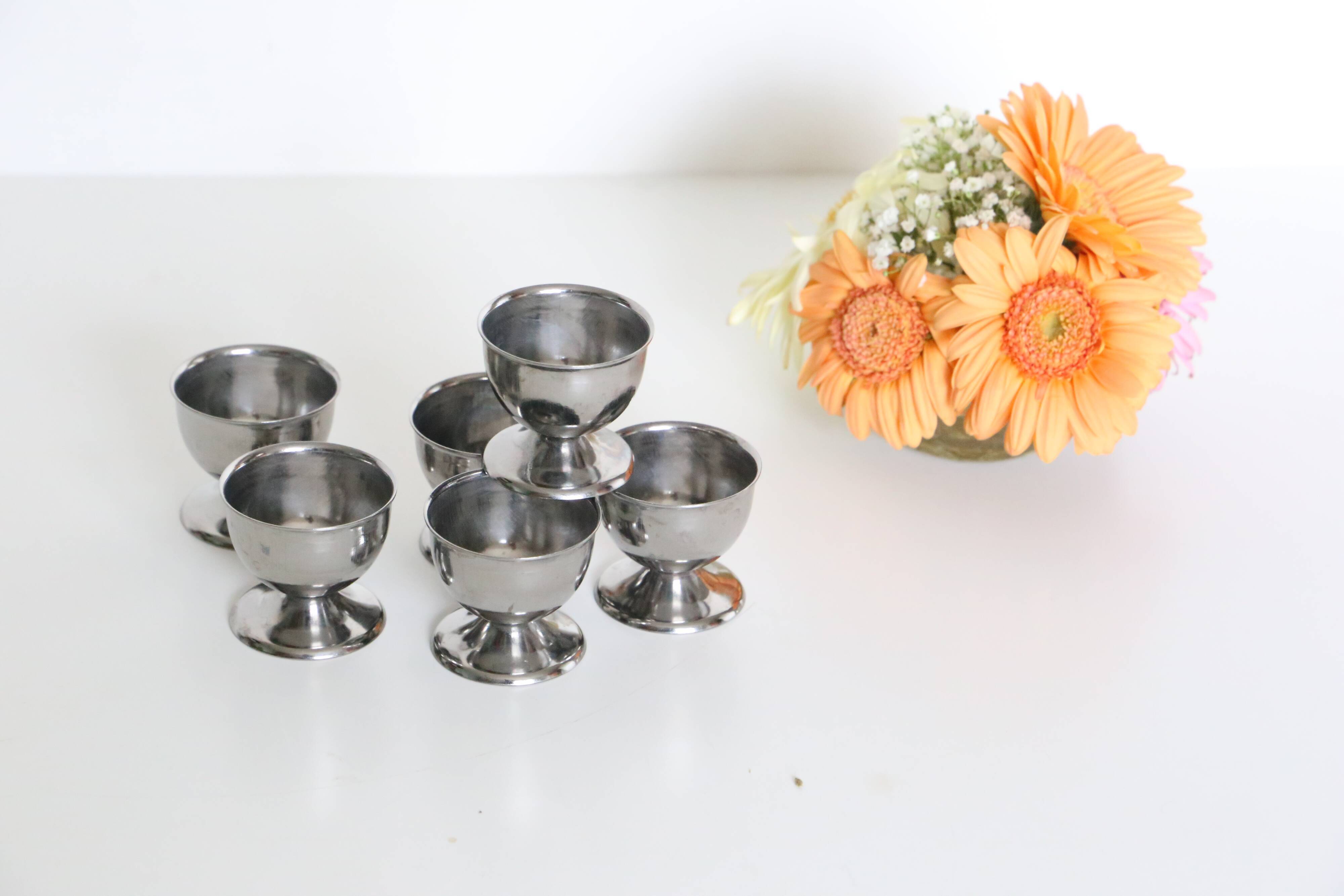 Set of six stainless steel coquetiers, vintage French