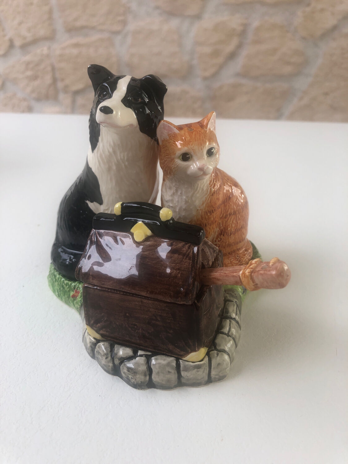 Salt shaker, pepper and mustard maker, dog, cat