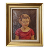 Oil on canvas gilded wooden frame old portrait of a young girl classic