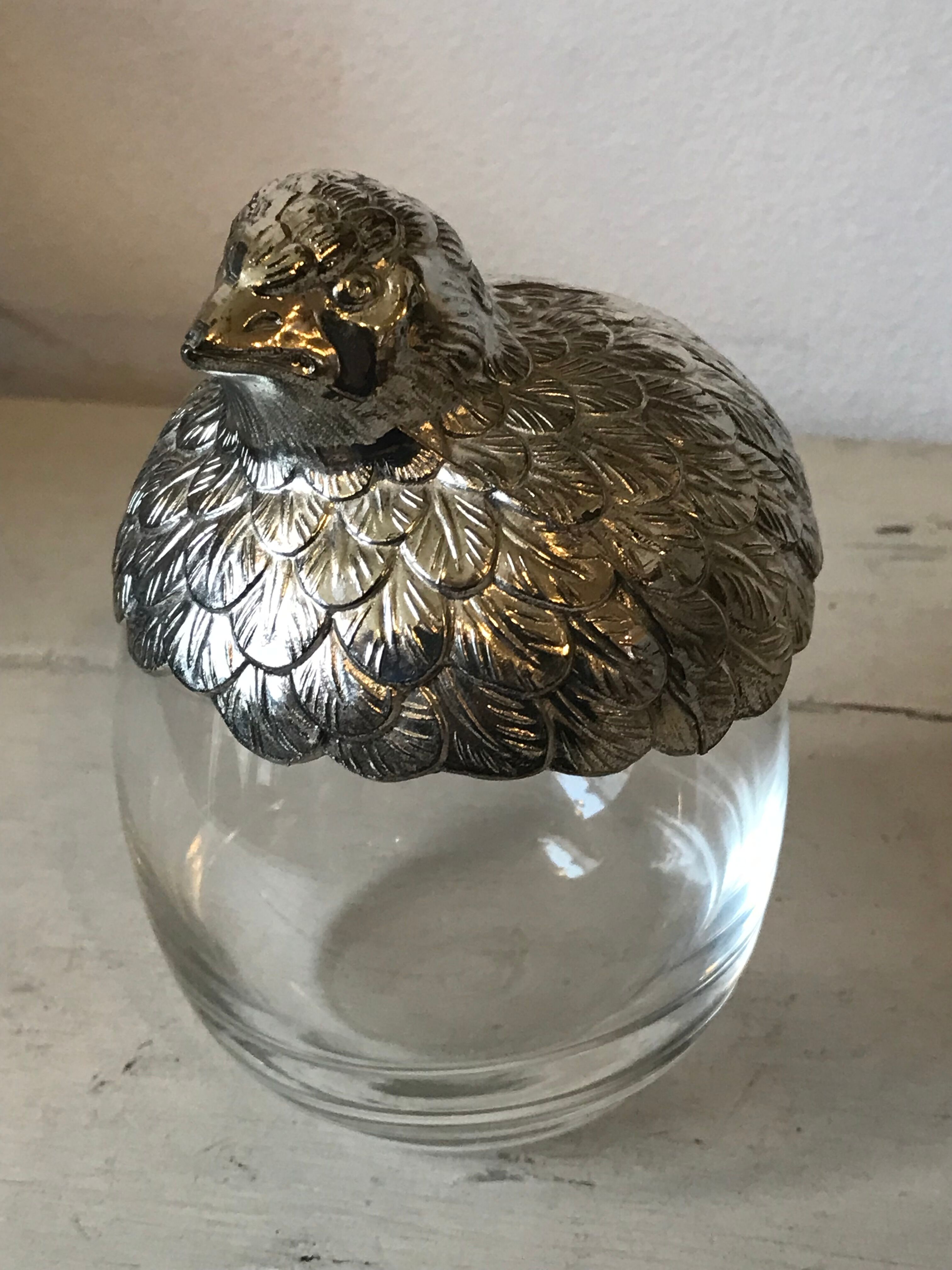 Quail-shaped table mustard silver metal and glass