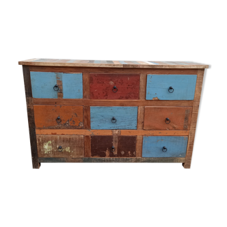 Colorful antique wood chest of drawers with 9 drawers