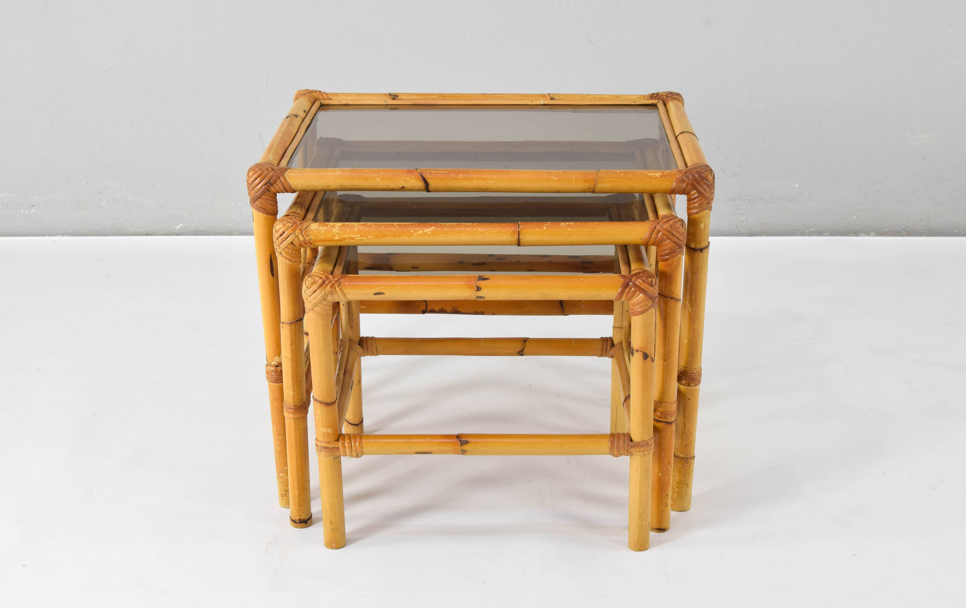 Set of three bamboo and smoked glass nesting tables Spain 70s