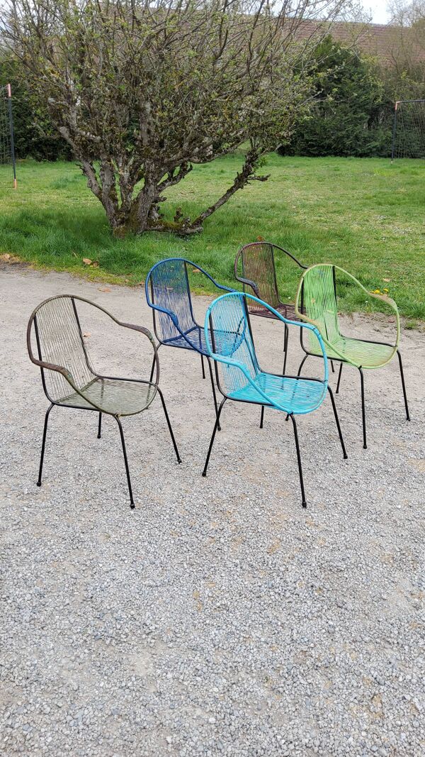 Set de 5 fauteuils en fer et scoubidou des années 50/60