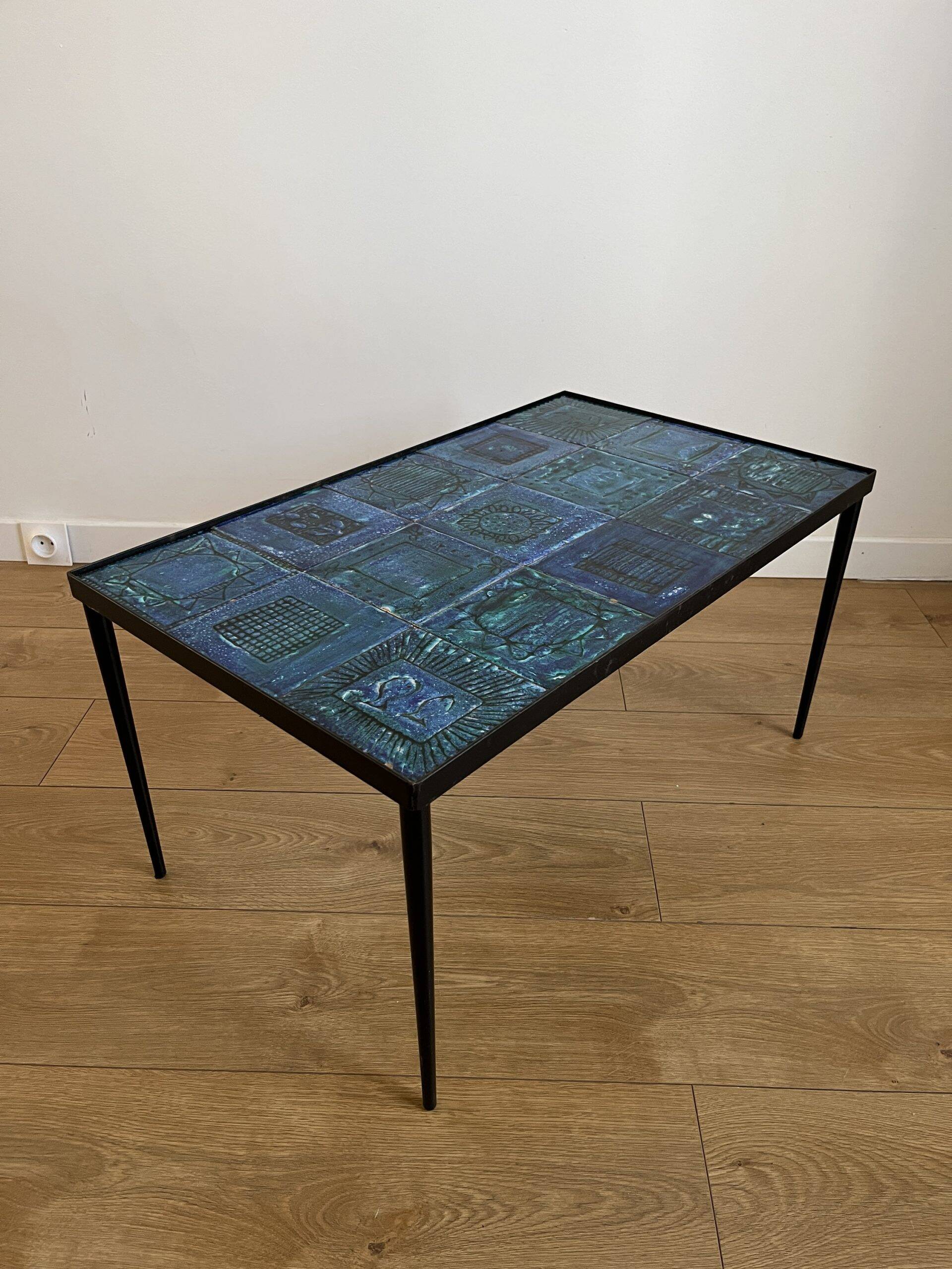 Blue ceramic coffee table by Robert & Jean CLOUTIER circa 1960