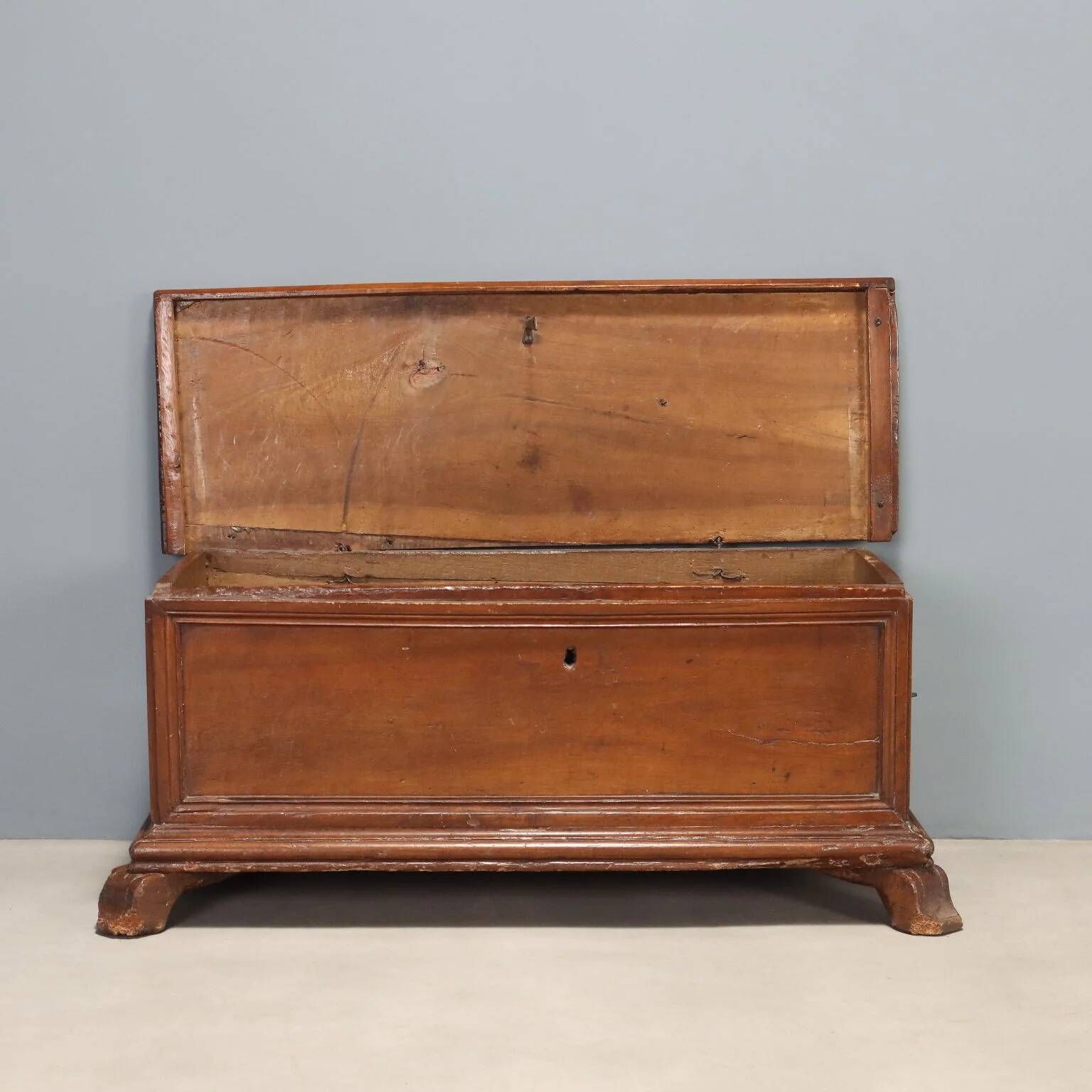 Antique walnut chest with wrought iron handles, Italy, 18th century.