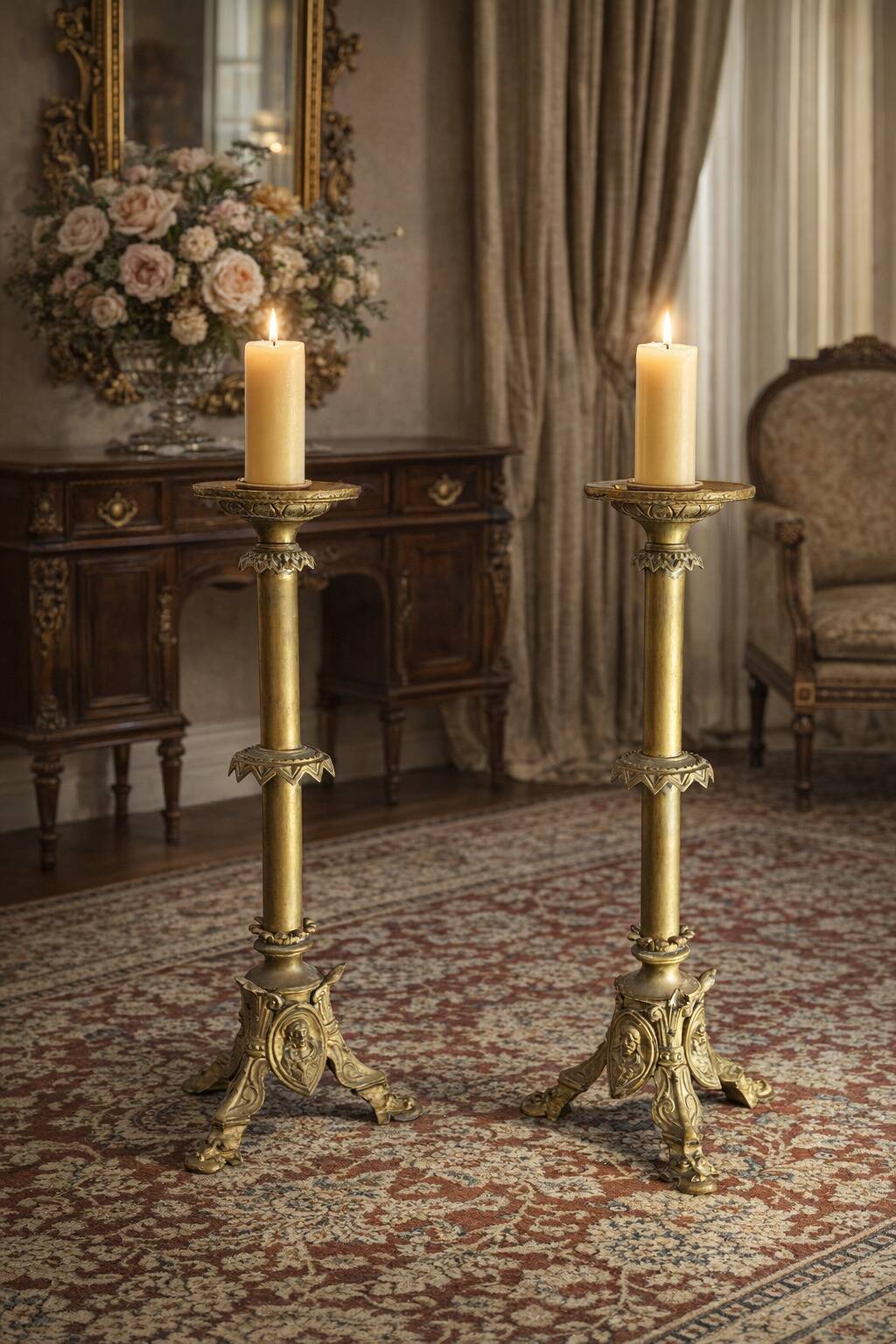 Coppia Candelabri d'Altare Antichi in BRONZO Stile Neogotico H 60 cm