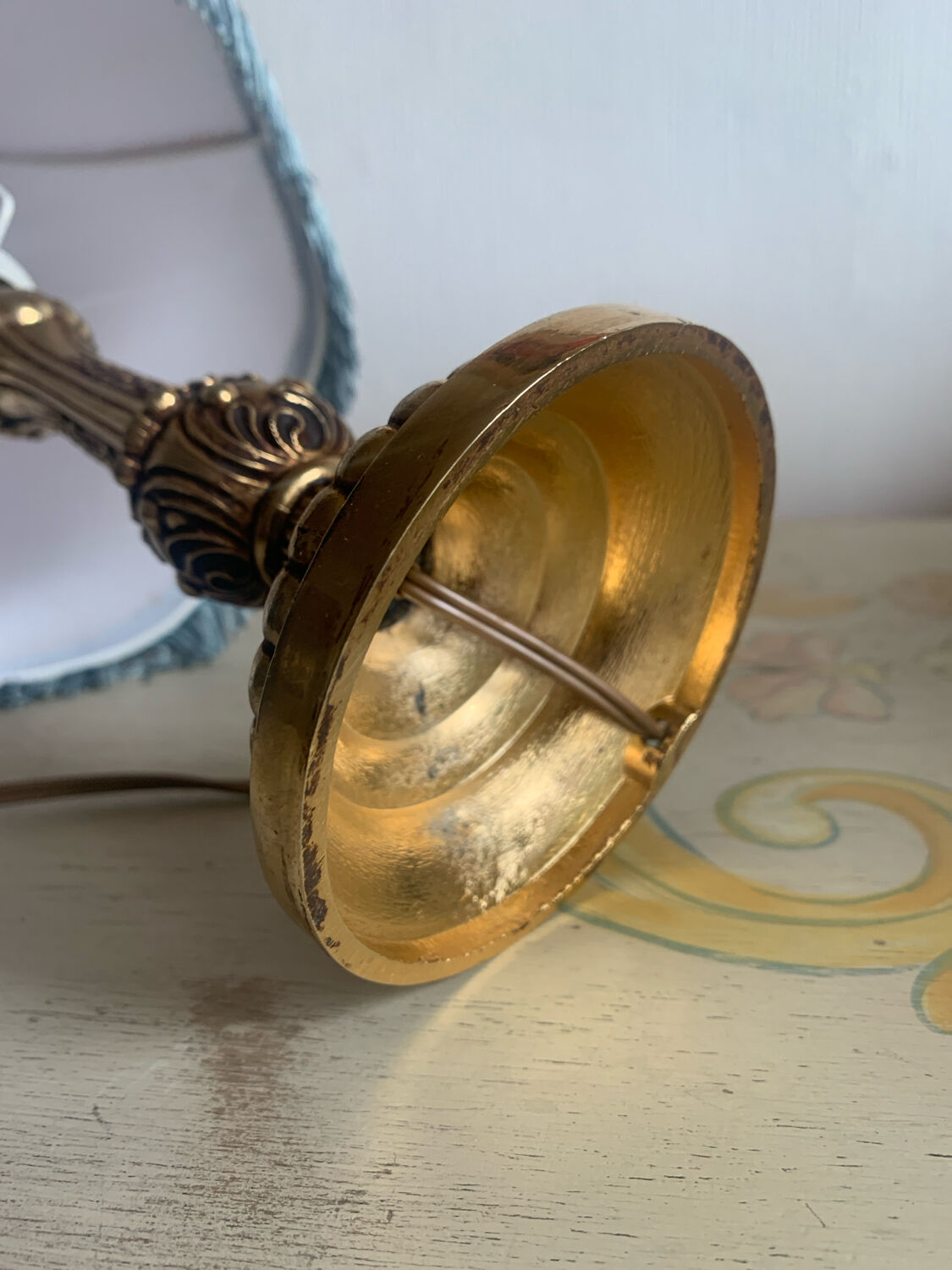 Vintage Neo-Rococo bedside lamp with fringed shade.