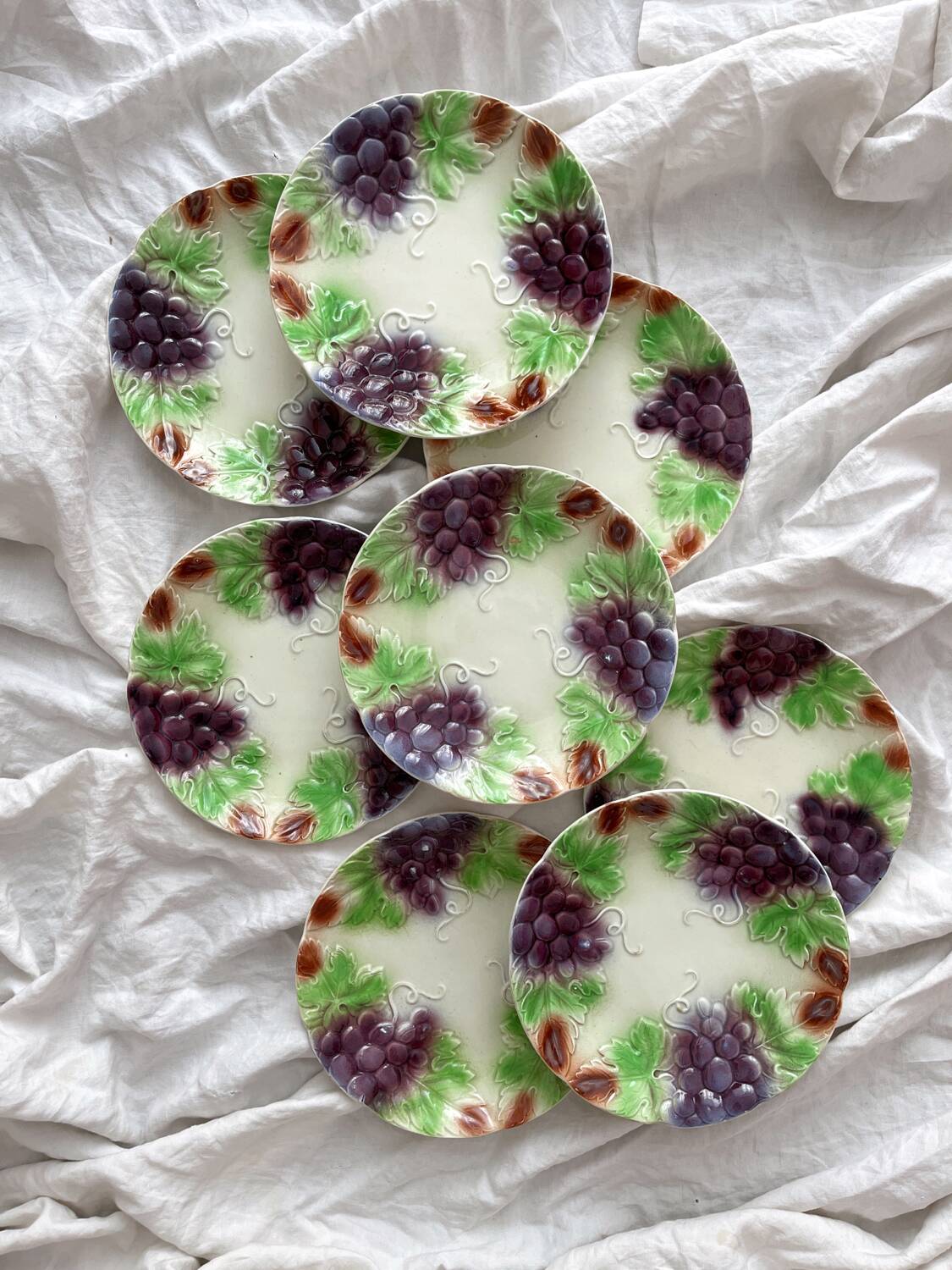 8 antique earthenware dessert plates with grapes