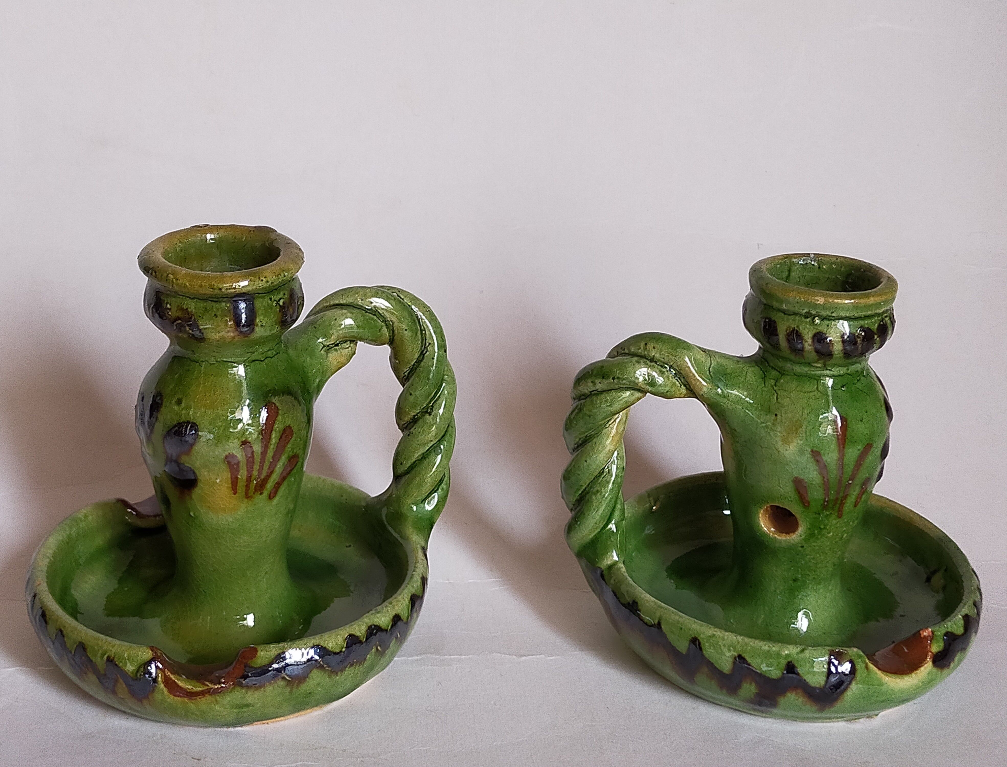 Duo of vintage potter's ceramic candle holders Regional Folk Art