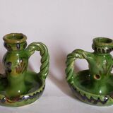 Duo of vintage potter's ceramic candle holders Regional Folk Art