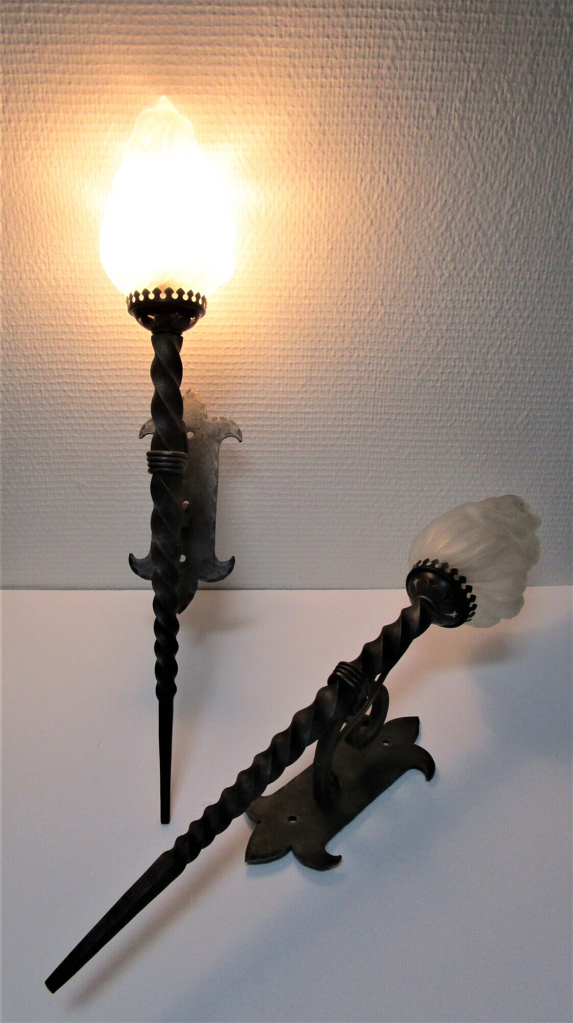 Pair of wall lamps torch glass flame and metal early XXth