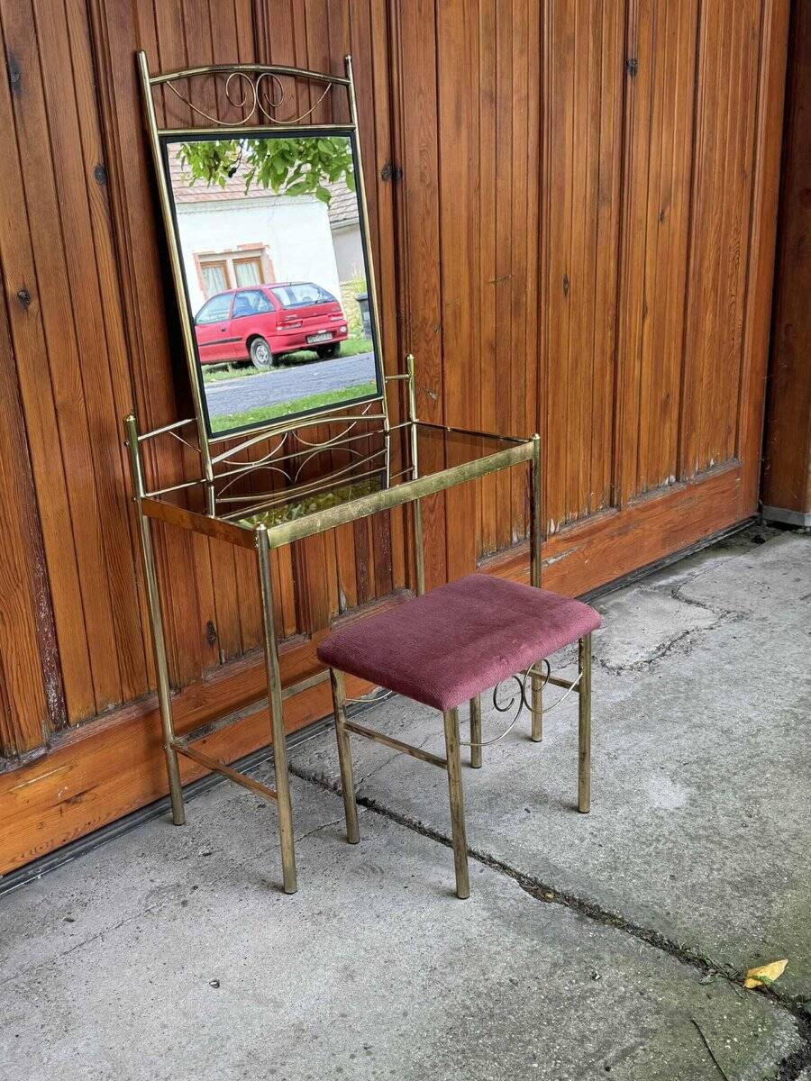 Vintage French Art Deco style vanity table in brass, 1960s, set of 3
