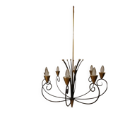 Large chandelier Mid-Century 1950s – 8 lights – wrought iron and brass