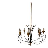 Large chandelier Mid-Century 1950s – 8 lights – wrought iron and brass