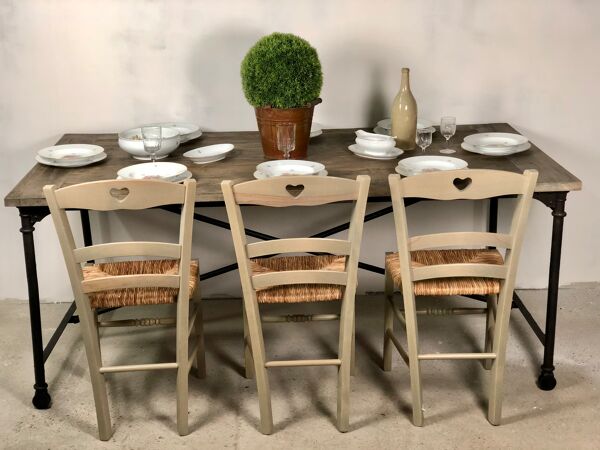 Table d'atelier en fer et plateau bois ancien