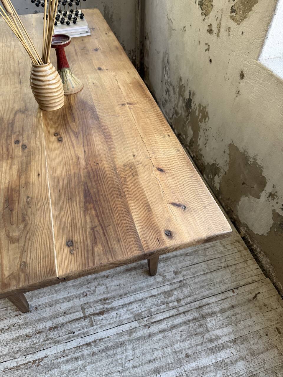 1950s pine and oak farmhouse table with multiple drawers