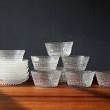 Kastehselmi Plates and Bowls in Clear Glass Art by Oiva Toikka for Arabic, Set of 16