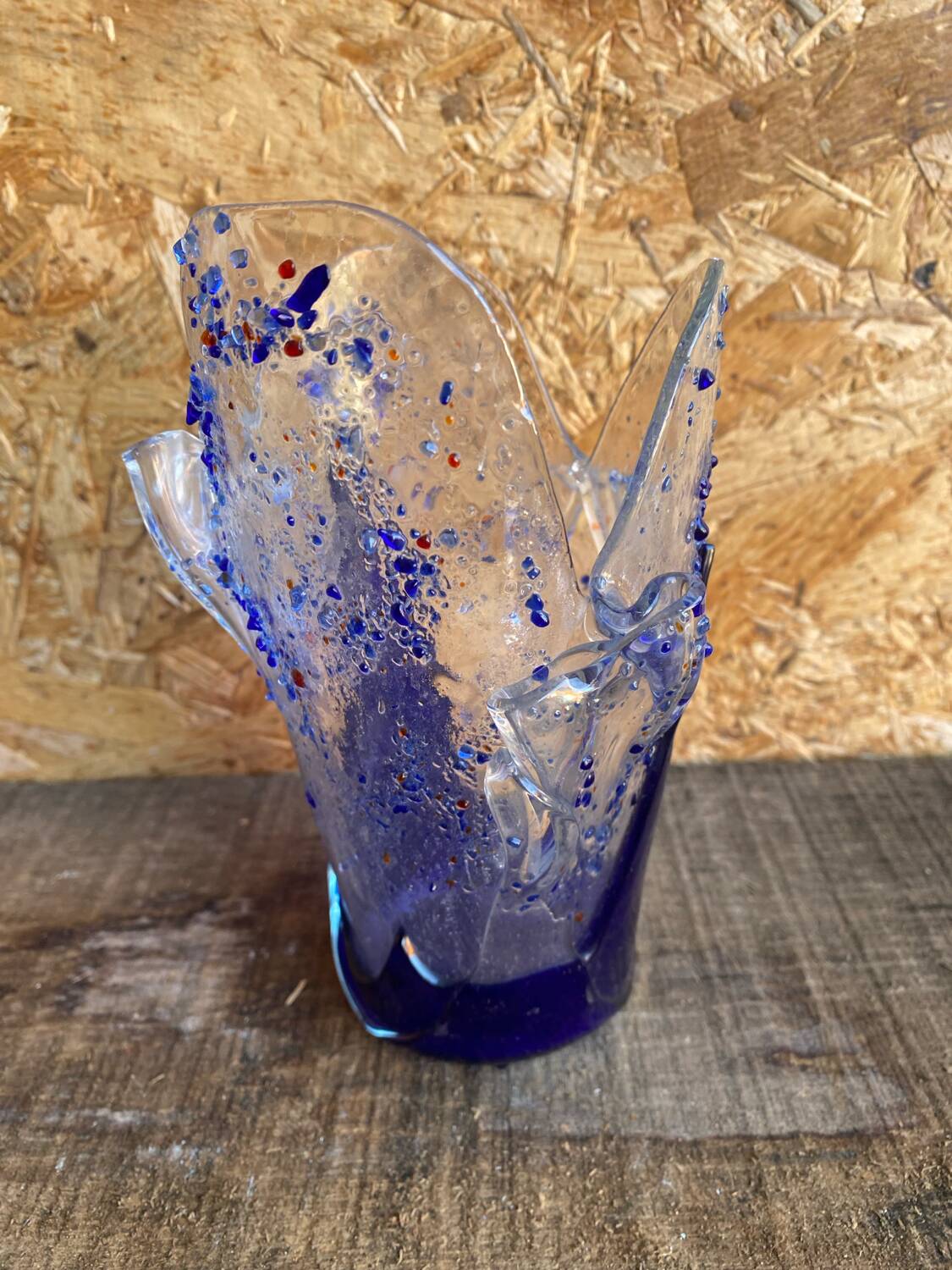 Vintage Blue & Transparent Layered Glass Inlaid Design Vase
