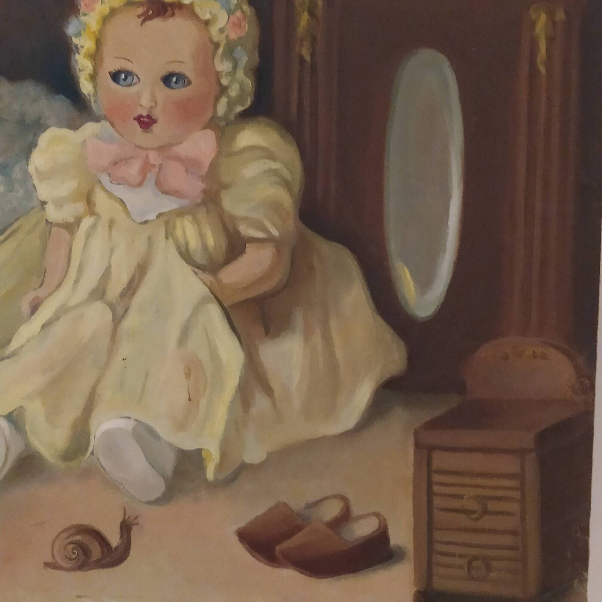 Oil on panel vintage 1930/1950 doll portrait