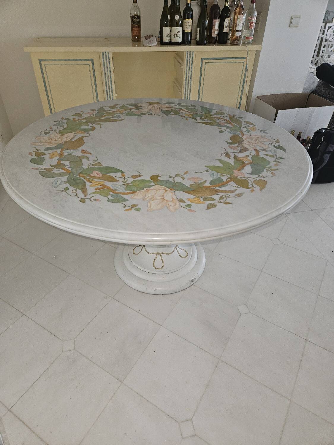 Round table with marble and marquetry