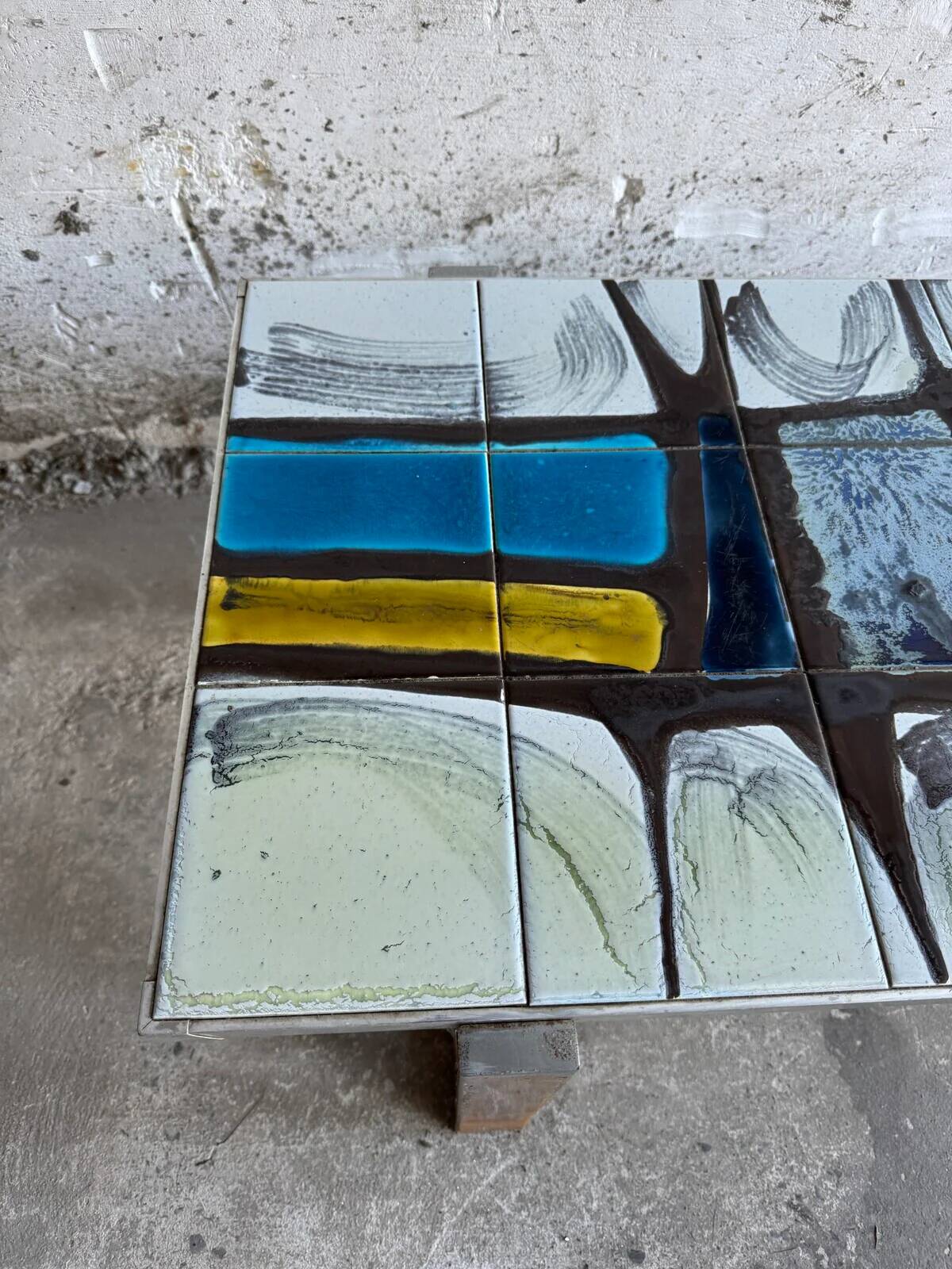 1970s Belgian Ceramic Mosaic Coffee Table by Belarti/Denisco — Multicolour Tiles, Black Metal Frame