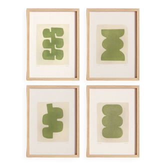 Ensemble de 4 paintures abstraites - vert sauge - signées Eawy