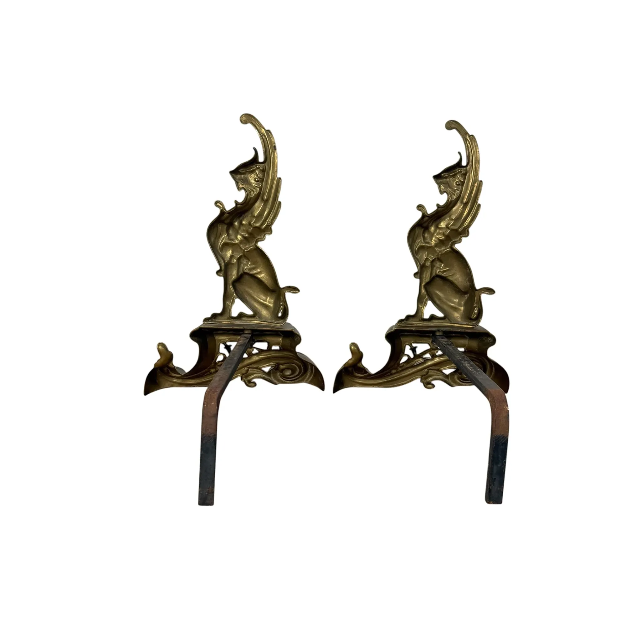 Pair of Antique Art Nouveau Brass Griffin Andirons