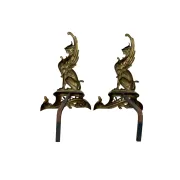 Pair of Antique Art Nouveau Brass Griffin Andirons