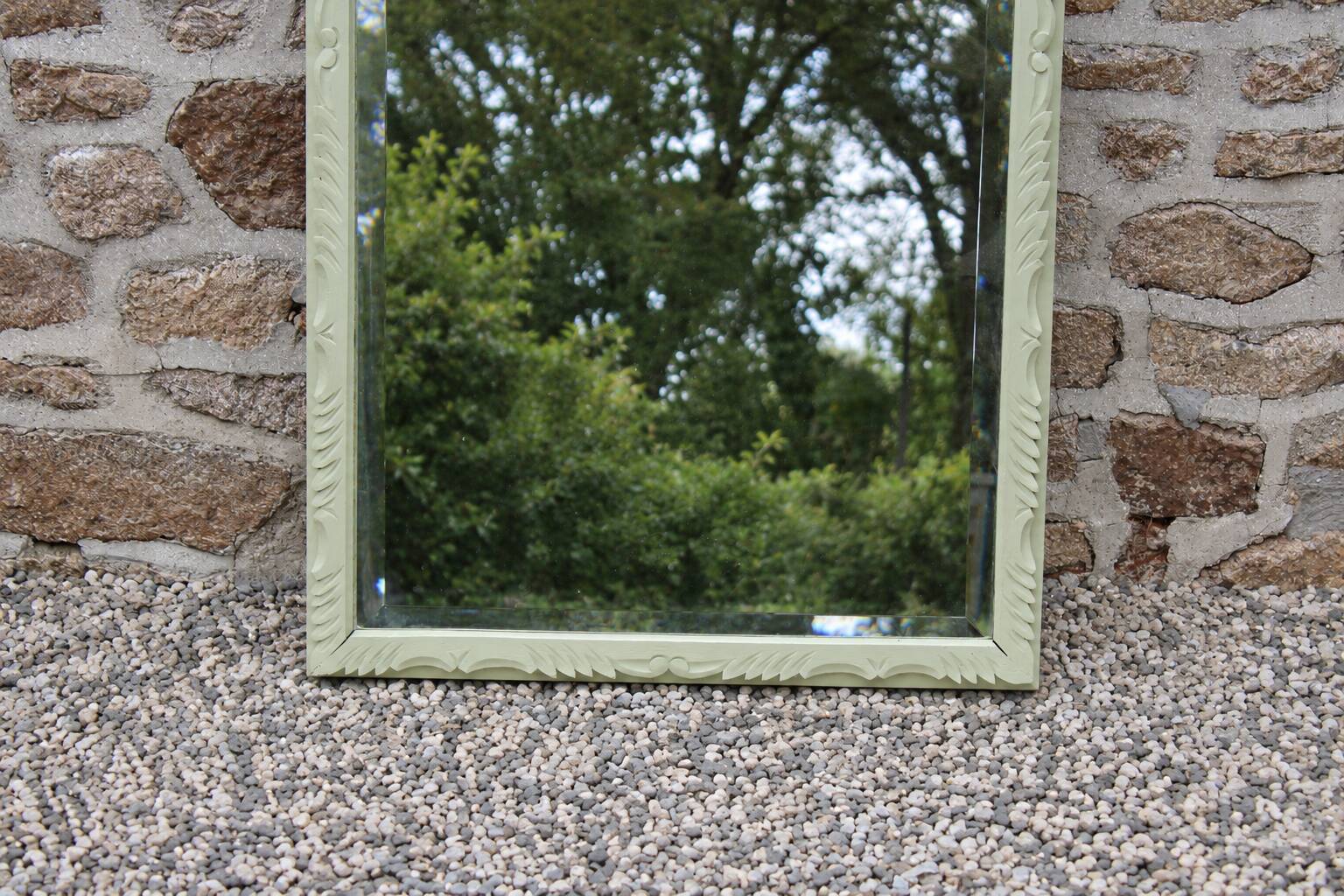 Large antique bevelled mirror in carved solid wood, green lizard – 129 × 75