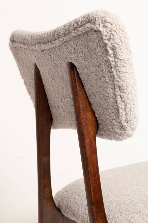 Chaise papillon milieu du siècle, bouclé gris clair, bois noyer foncé, Europe, années 1960