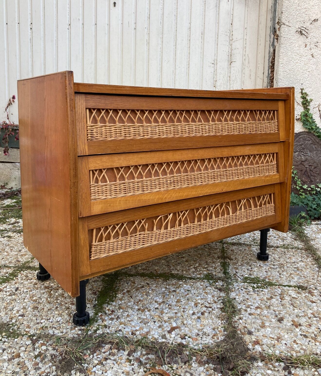 Rattan chest of drawers and vintage wood