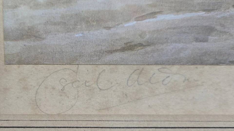 Hunting scene, watercolour engraving on paper signed by Cecil.
