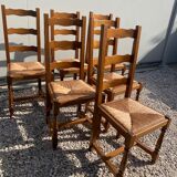 Set of 6 wooden and straw chairs