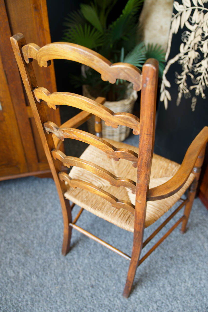 Arts & crafts solid oak ladder back occasional chair with rush seat