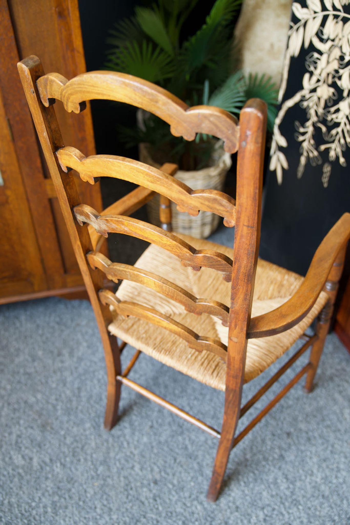 Arts & crafts solid oak ladder back occasional chair with rush seat