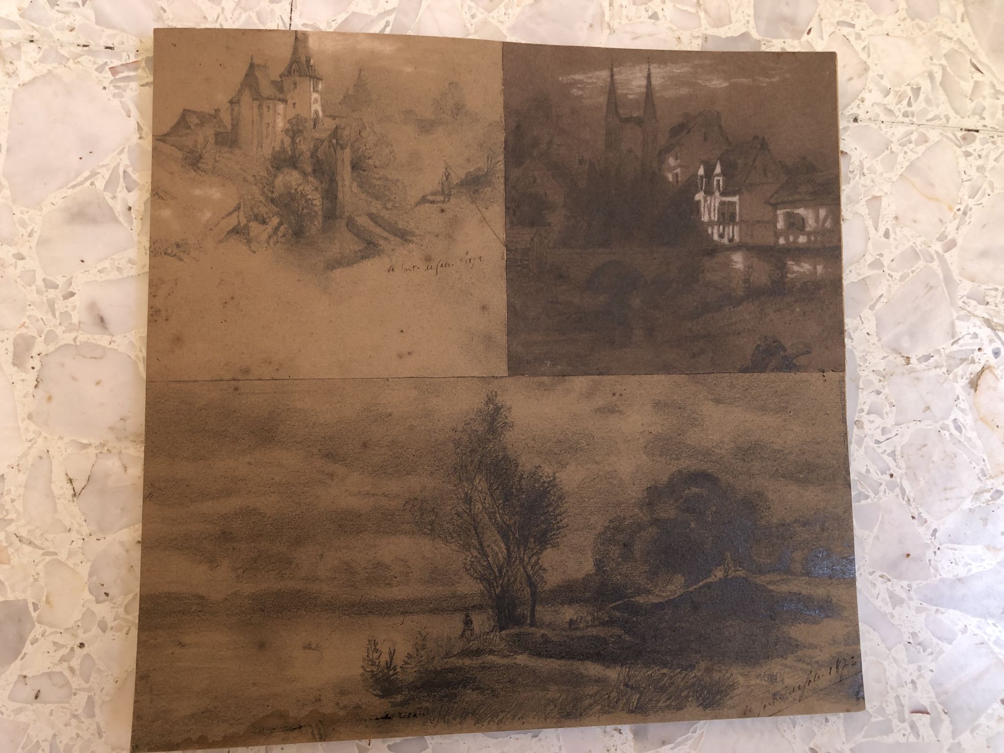 Collage drawings in graphite and white chalk 1872