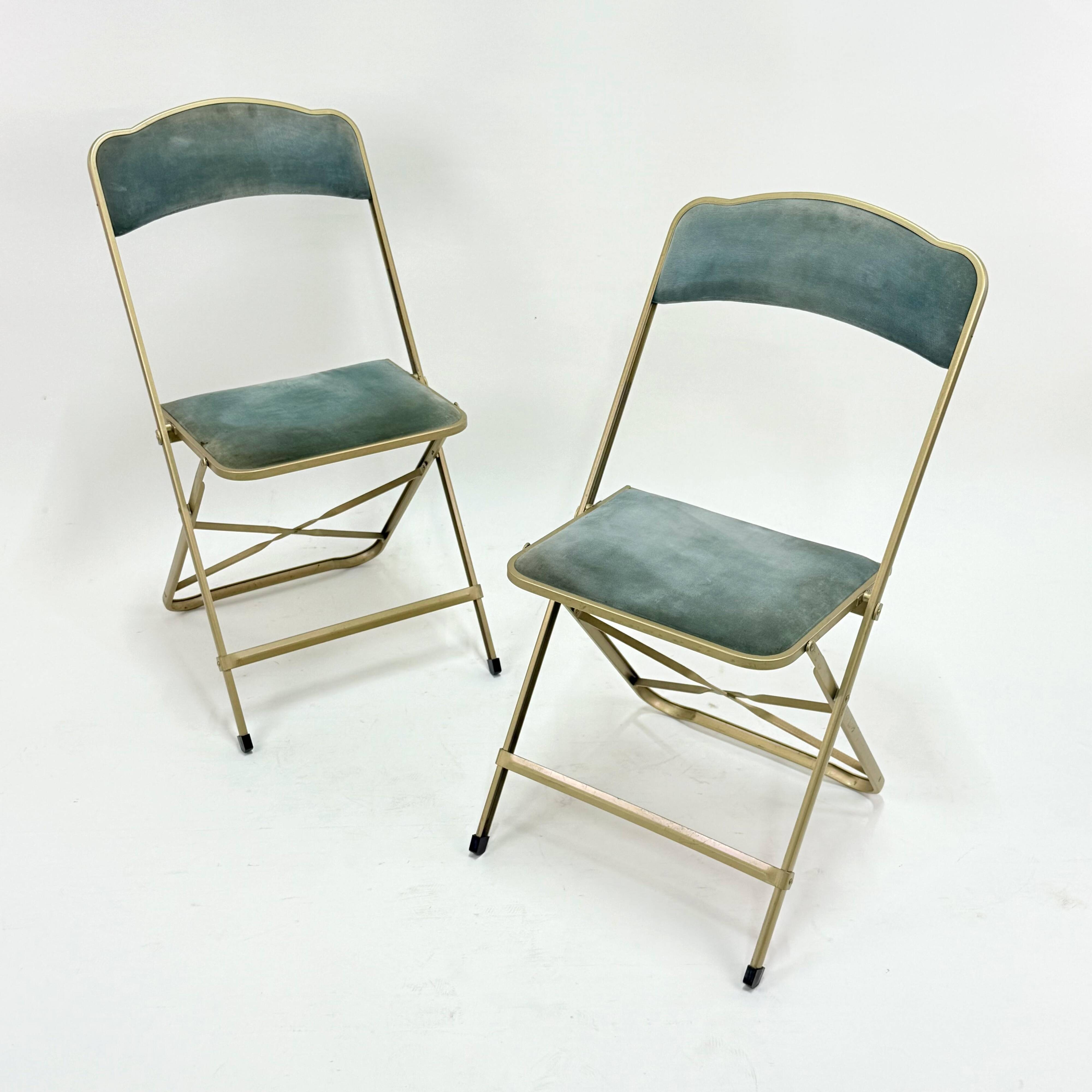 Old pair of chaisor folding chairs - metal & velvet - vintage 60's 70's