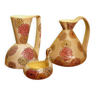 Italian Art Deco Ceramic Jug, Pitcher and Tray Set with Floral Patterns from Lenci, 1930s, Set of 3