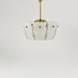 J.T. Kalmar Petite curved suspension basket, brass and glass, Austria, 1950s