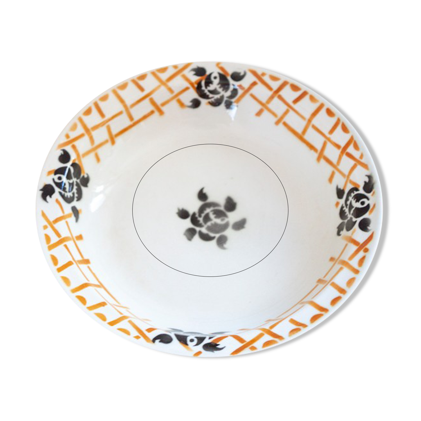 Salad bowl flat black flowers and geometric patterns Badonviller Roscoff