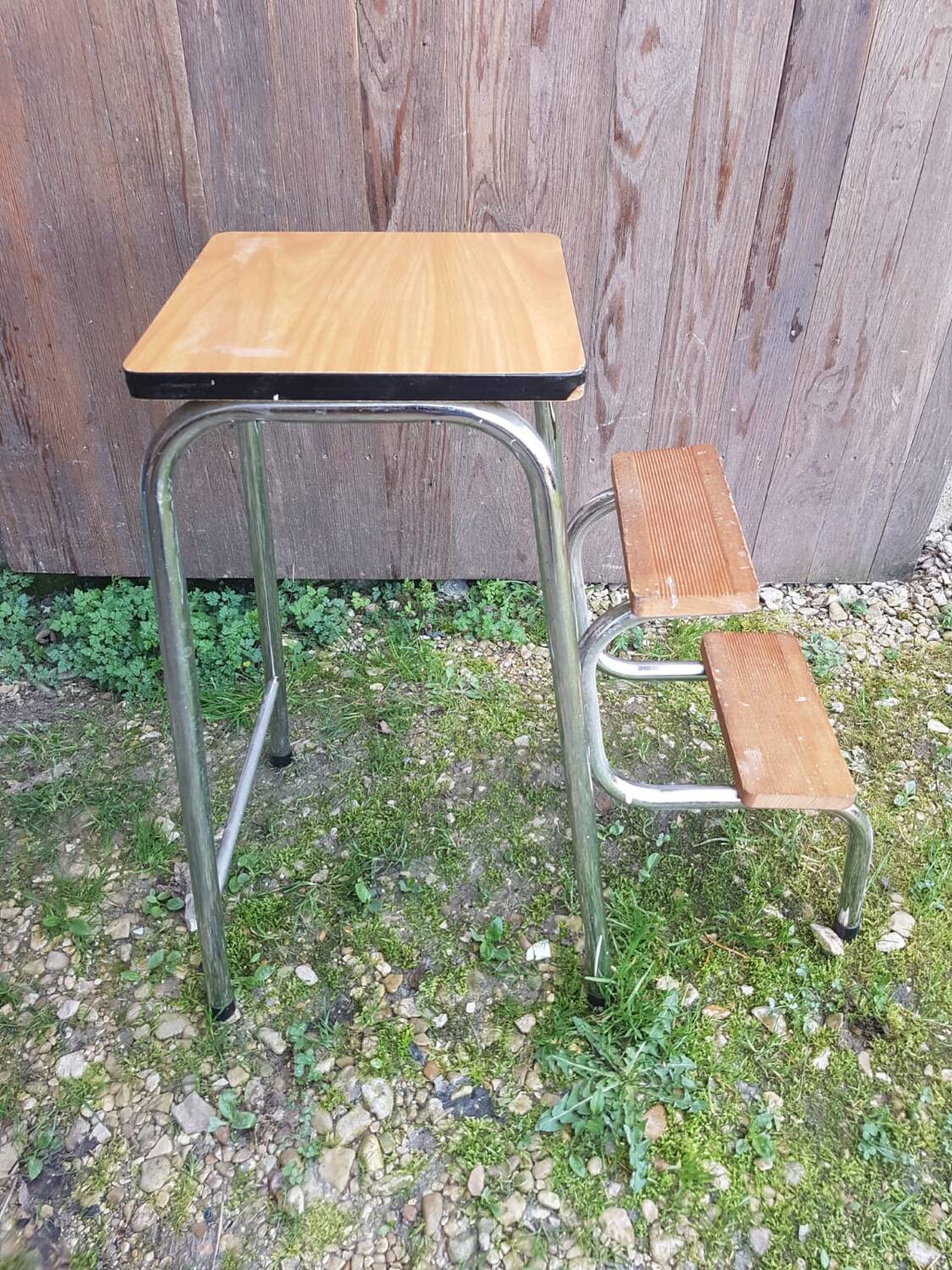 Vintage formica wood metal leg step stool