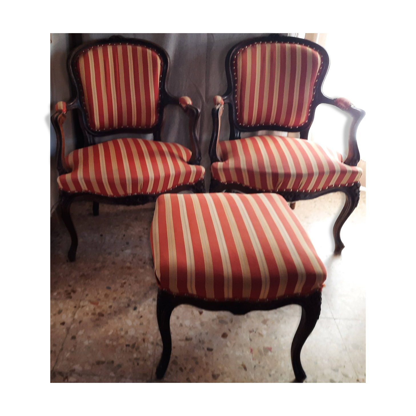 Pair of armchairs + stool in antique Louis XV style