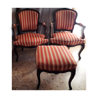 Pair of armchairs + stool in antique Louis XV style